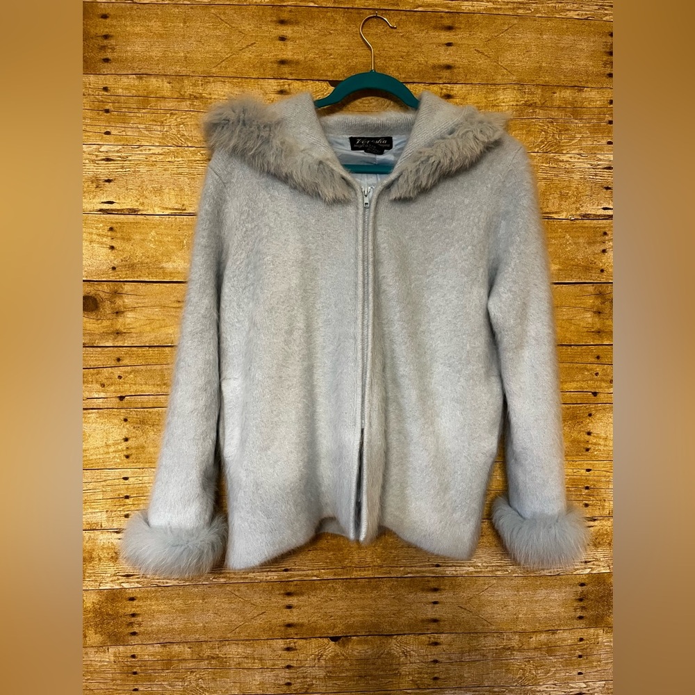 Venesha high quality angora baby blue sweater with hood/satin lined size M